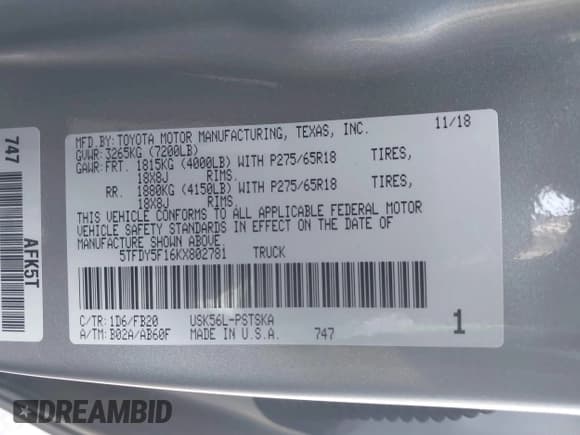 ✅ 2019 Toyota Tundra SR5 • VIN: 5TFDY5F16KX802781 • Lot: 42560986. Listed on IAAI with 59,268 mi. Free auction sales archive from the USA and detailed vehicle history report at DreamBid. Image 9.