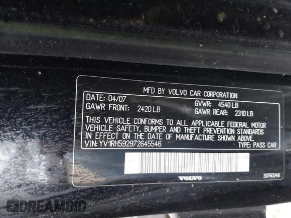 ✅ 2007 Volvo S60 2.5L Turbo • VIN: YV1RH592972645546 • Lot: 43686312. Listed on IAAI with 163,670 mi. Free auction sales archive from the USA and detailed vehicle history report at DreamBid. Image 9.