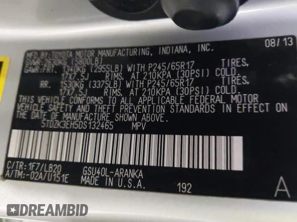 ✅ 2013 Toyota Highlander SE • VIN: 5TDZK3EH5DS132465 • Лот: 43560609. Опубликован ранее на IAAI с пробегом Не указан. Бесплатный доступ к архиву аукционных продаж из США и подробный отчёт об истории автомобиля на DreamBid. Изображение 9.