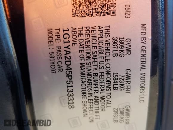 ✅ 2023 Chevrolet Corvette 1LT • VIN: 1G1YA2D45P5133318 • Lot: 46748855. Listed on Copart with 33,786 mi. Free auction sales archive from the USA and detailed vehicle history report at DreamBid. Image 12.