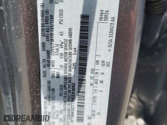 ✅ 2024 Ford F-350 XL • VIN: 1FT8W3DT7REE03092 • Лот: 68317695. Опубликован ранее на Copart с пробегом 22 381 миль. Бесплатный доступ к архиву аукционных продаж из США и подробный отчёт об истории автомобиля на DreamBid. Изображение 12.