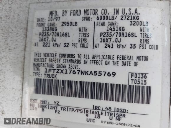 ✅ 1998 Ford F-150 • VIN: 1FTZX1767WKA55769 • Lot: 42374991. Listed on IAAI with 147,500 mi. Free auction sales archive from the USA and detailed vehicle history report at DreamBid. Image 9.