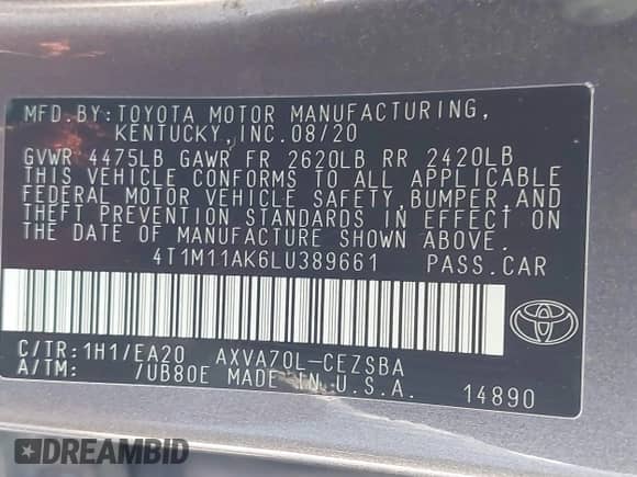 2020 Toyota Camry SE с VIN 4T1M11AK6LU389661, выставлен на аукционе IAAI как лот 43362827 с пробегом 153 446 миль миль и . История ставок и продаж доступна на DreamBid. Изображение 9.