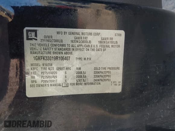 ✅ 2009 GMC Yukon SLT 4SB • VIN: 1GKFK33019R106407 • Lot: 42698716. Listed on IAAI with 302,389 mi. Free auction sales archive from the USA and detailed vehicle history report at DreamBid. Image 9.