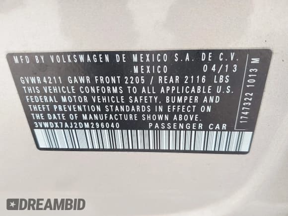 ✅ 2013 Volkswagen Jetta SE • VIN: 3VWDX7AJ2DM296040 • Lot: 42322512. Listed on IAAI with 136,599 mi. Free auction sales archive from the USA and detailed vehicle history report at DreamBid. Image 9.