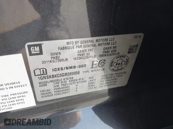 ✅ 2016 Chevrolet Tahoe LT • VIN: 1GNSKBKC6GR389956 • Lot: 43114641. Listed on IAAI with 105,310 mi. Free auction sales archive from the USA and detailed vehicle history report at DreamBid. Image 9.