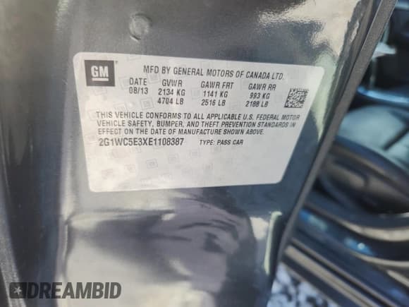 ✅ 2014 Chevrolet Impala LTZ • VIN: 2G1WC5E3XE1108387 • Lot: 82546555. Listed on Copart with 213,398 mi. Free auction sales archive from the USA and detailed vehicle history report at DreamBid. Image 12.