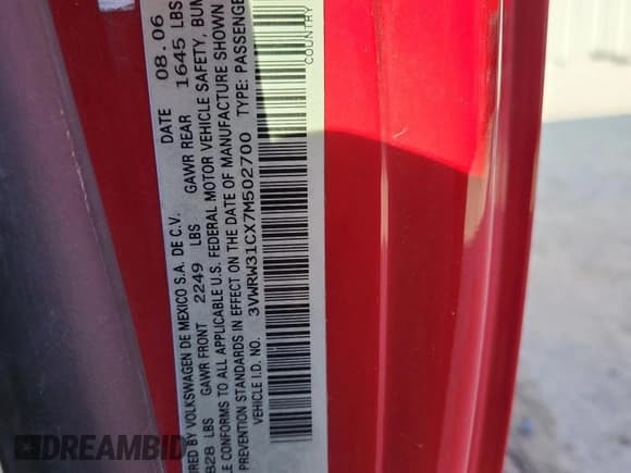 ✅ 2007 Volkswagen Beetle • VIN: 3VWRW31CX7M502700 • Lot: 90595915. Listed on Copart with 53,100 mi. Free auction sales archive from the USA and detailed vehicle history report at DreamBid. Image 12.