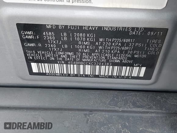 ✅ 2012 Subaru Outback Prem • VIN: 4S4BRBCCXC3204383 • Lot: 43876297. Listed on IAAI with 237,397 mi. Free auction sales archive from the USA and detailed vehicle history report at DreamBid. Image 9.