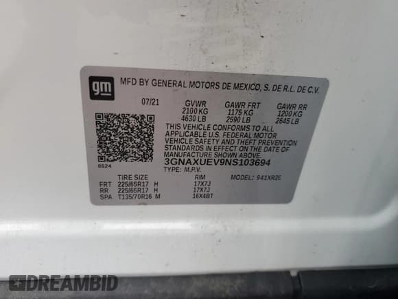 ✅ 2022 Chevrolet Equinox LT • VIN: 3GNAXUEV9NS103694 • Lot: 65503725. Wystawiony na Copart z przebiegiem 62 567 mil. Bezpłatny archiwum sprzedaży aukcyjnych z USA i szczegółowy raport historii pojazdu na DreamBid. Zdjęcie 13.