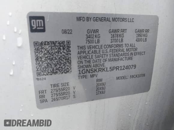 2023 Chevrolet Tahoe RST with VIN 1GNSKRKL5PR124079, listed as a IAAI auction lot 41389636 with 18,920 mi miles and . Bid and sale history available at DreamBid. Image 9.