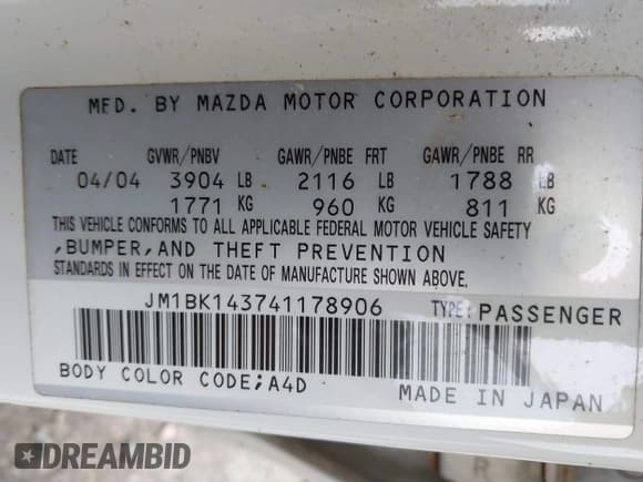 ✅ 2004 Mazda 3 s • VIN: JM1BK143741178906 • Lot: 42642143. Listed on IAAI with 189,196 mi. Free auction sales archive from the USA and detailed vehicle history report at DreamBid. Image 9.