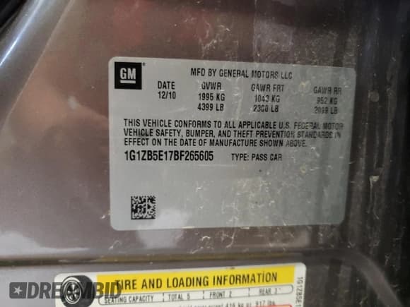 ✅ 2011 Chevrolet Malibu 1LS • VIN: 1G1ZB5E17BF265605 • Lot: 63680094. Listed on Copart with 149,872 mi. Free auction sales archive from the USA and detailed vehicle history report at DreamBid. Image 12.