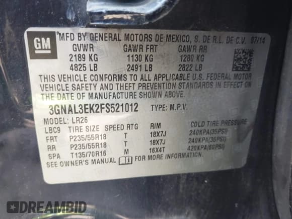 ✅ 2015 Chevrolet Captiva Sport LT • VIN: 3GNAL3EK2FS521012 • Lot: 42446519. Wystawiony na IAAI z przebiegiem 141 445 mil. Bezpłatny archiwum sprzedaży aukcyjnych z USA i szczegółowy raport historii pojazdu na DreamBid. Zdjęcie 9.