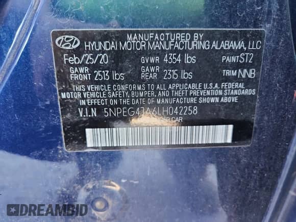 2020 Hyundai Sonata SE with VIN 5NPEG4JA6LH042258, listed as a Copart auction lot 81900855 with 113,072 mi miles and Salvage title. Bid and sale history available at DreamBid. Image 13.