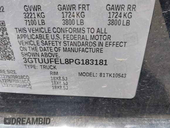 ✅ 2023 GMC Sierra 1500 AT4X • VIN: 3GTUUFEL8PG183181 • Лот: 42297988. Опубликован ранее на IAAI с пробегом 38 323 миль. Бесплатный доступ к архиву аукционных продаж из США и подробный отчёт об истории автомобиля на DreamBid. Изображение 9.