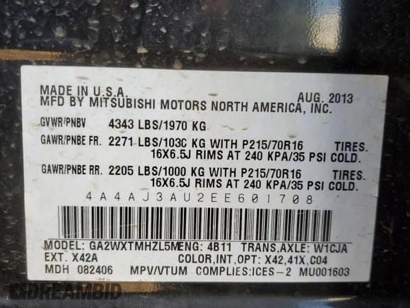 ✅ 2014 Mitsubishi Outlander Sport SE • VIN: 4A4AJ3AU2EE601708 • Lot: 47649935. Listed on Copart with 197,337 mi. Free auction sales archive from the USA and detailed vehicle history report at DreamBid. Image 13.