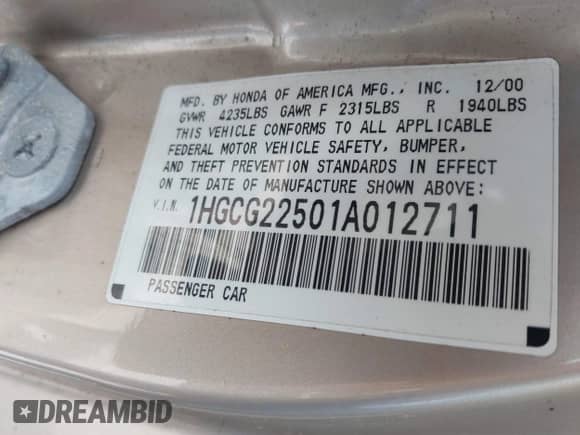 2001 Honda Accord EX с VIN 1HGCG22501A012711, выставлен на аукционе IAAI как лот 42878626 с пробегом 215 015 миль миль и . История ставок и продаж доступна на DreamBid. Изображение 9.