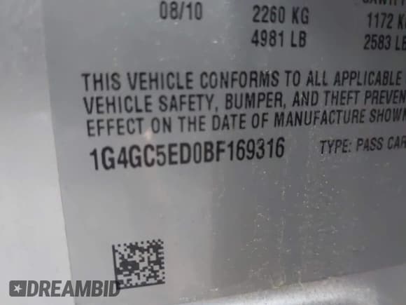 ✅ 2011 Buick LaCrosse CXL • VIN: 1G4GC5ED0BF169316 • Lot: 42271410. Listed on IAAI with Not provided. Free auction sales archive from the USA and detailed vehicle history report at DreamBid. Image 9.