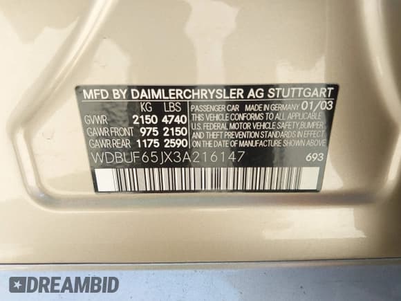 ✅ 2003 Mercedes-Benz E 320 • VIN: WDBUF65JX3A216147 • Лот: 43063635. Опубликован ранее на IAAI с пробегом 222 283 миль. Бесплатный доступ к архиву аукционных продаж из США и подробный отчёт об истории автомобиля на DreamBid. Изображение 9.