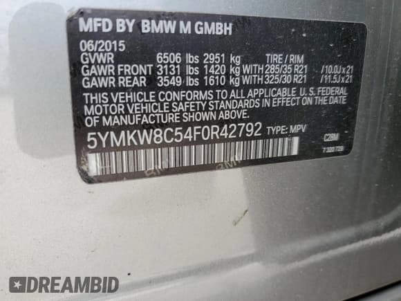 ✅ 2015 BMW X6 M • VIN: 5YMKW8C54F0R42792 • Lot: 45363315. Listed on Copart with 67,798 mi. Free auction sales archive from the USA and detailed vehicle history report at DreamBid. Image 13.