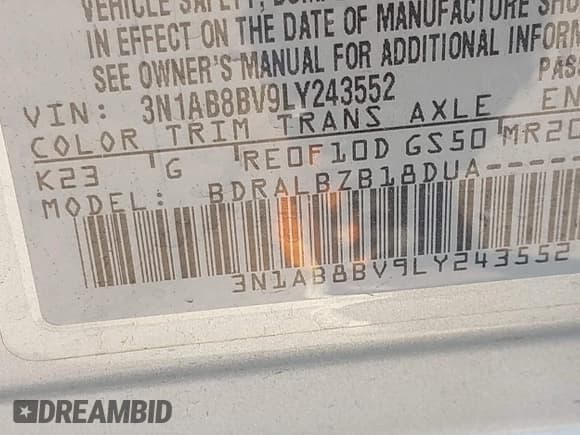 ✅ 2020 Nissan Sentra S • VIN: 3N1AB8BV9LY243552 • Lot: 43583320. Wystawiony na IAAI z przebiegiem 138 592 mil. Bezpłatny archiwum sprzedaży aukcyjnych z USA i szczegółowy raport historii pojazdu na DreamBid. Zdjęcie 9.