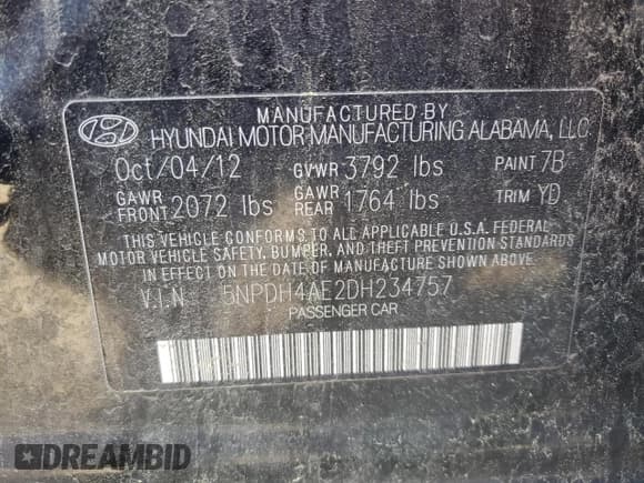 ✅ 2013 Hyundai Elantra GLS • VIN: 5NPDH4AE2DH234757 • Lot: 52202825. Listed on Copart with 203,346 mi. Free auction sales archive from the USA and detailed vehicle history report at DreamBid. Image 14.