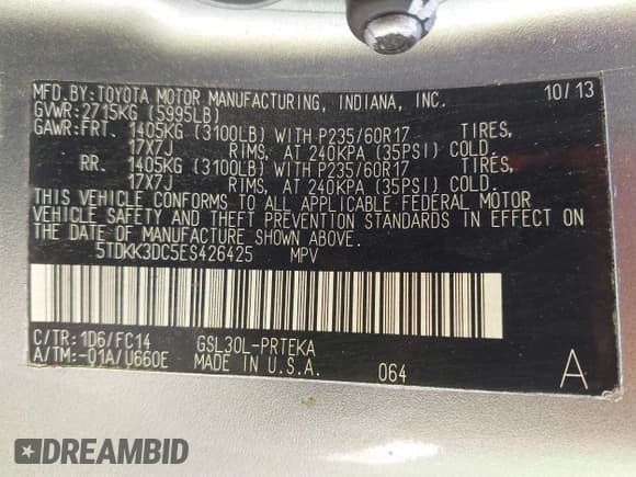 ✅ 2014 Toyota Sienna LE AAS • VIN: 5TDKK3DC5ES426425 • Lot: 42523003. Listed on IAAI with 185,048 mi. Free auction sales archive from the USA and detailed vehicle history report at DreamBid. Image 9.