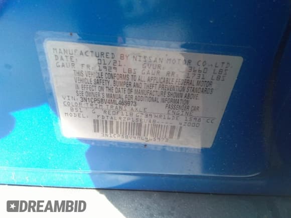 ✅ 2021 Nissan Kicks S • VIN: 3N1CP5BV4ML465973 • Lot: 35341074. Listed on IAAI with 14,425 mi. Free auction sales archive from the USA and detailed vehicle history report at DreamBid. Image 9.