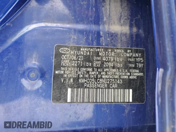 2022 Hyundai Ioniq Limited с VIN KMHC05LC8NU275143, выставлен на аукционе Copart как лот 43763225 с пробегом 151 213 миль миль и Списание • Salvage title. История ставок и продаж доступна на DreamBid. Изображение 12.