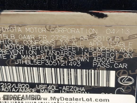 ✅ 2013 Lexus LS 460 • VIN: JTHBL5EF3D5121493 • Lot: 43505302. Listed on IAAI with 164,588 mi. Free auction sales archive from the USA and detailed vehicle history report at DreamBid. Image 9.