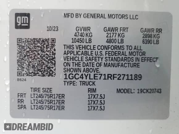 2024 Chevrolet Silverado 2500HD Work Truck with VIN 1GC4YLE71RF271189, listed as a Copart auction lot 68475645 with 24,071 mi miles and Salvage title. Bid and sale history available at DreamBid. Image 12.