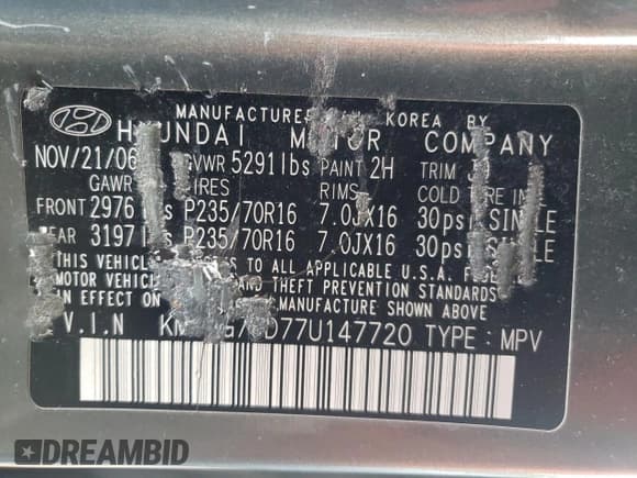 ✅ 2007 Hyundai Santa Fe GLS • VIN: KM8SG73D77U147720 • Lot: 45242884. Listed on Copart with 186,840 mi. Free auction sales archive from the USA and detailed vehicle history report at DreamBid. Image 12.