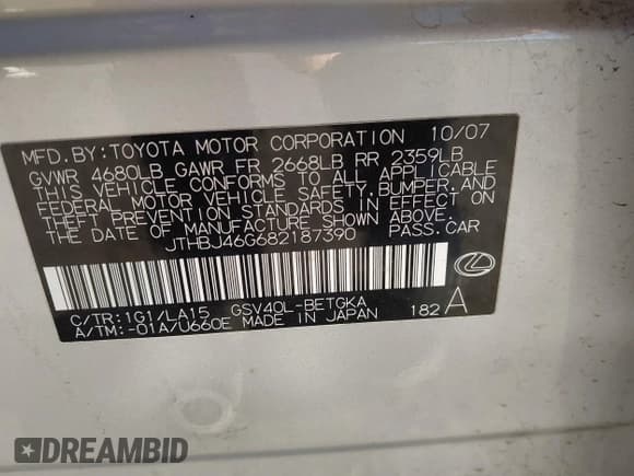 ✅ 2008 Lexus ES 330 • VIN: JTHBJ46G682187390 • Lot: 43596637. Listed on IAAI with 162,912 mi. Free auction sales archive from the USA and detailed vehicle history report at DreamBid. Image 9.