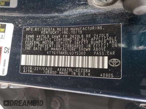 ✅ 2020 Toyota Camry SE • VIN: 4T1G11AK0LU315360 • Lot: 90763195. Listed on Copart with 177,868 mi. Free auction sales archive from the USA and detailed vehicle history report at DreamBid. Image 12.