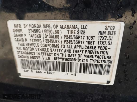 ✅ 2009 Honda Ridgeline RT • VIN: 5FPYK16239B101213 • Lot: 42619661. Listed on IAAI with 191,390 mi. Free auction sales archive from the USA and detailed vehicle history report at DreamBid. Image 9.