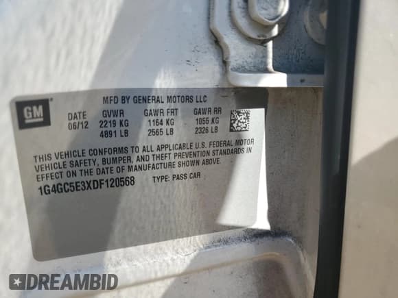 ✅ 2013 Buick LaCrosse Leather • VIN: 1G4GC5E3XDF120568 • Lot: 91573075. Listed on Copart with 171,136 mi. Free auction sales archive from the USA and detailed vehicle history report at DreamBid. Image 12.