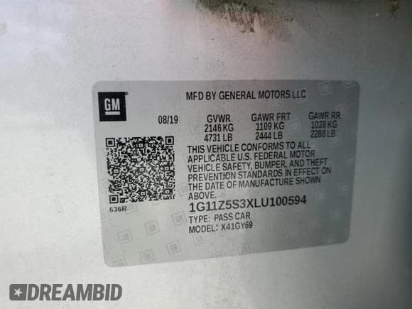 ✅ 2020 Chevrolet Impala LT • VIN: 1G11Z5S3XLU100594 • Лот: 70204644. Опубликован ранее на Copart с пробегом 31 334 миль. Бесплатный доступ к архиву аукционных продаж из США и подробный отчёт об истории автомобиля на DreamBid. Изображение 12.