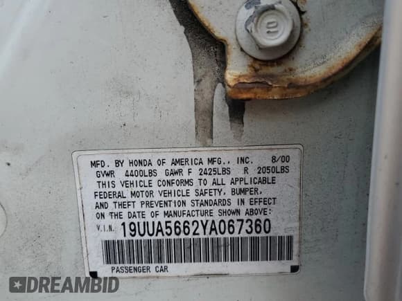 ✅ 2000 Acura TL • VIN: 19UUA5662YA067360 • Lot: 69837225. Listed on Copart with 177,209 mi. Free auction sales archive from the USA and detailed vehicle history report at DreamBid. Image 12.