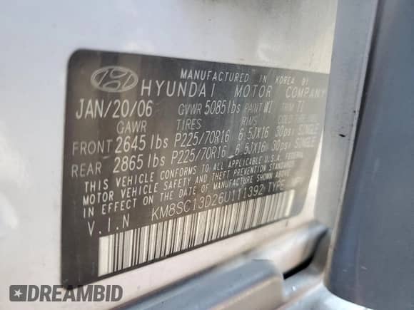 2006 Hyundai Santa Fe GLS с VIN KM8SC13D26U111392, выставлен на аукционе Copart как лот 45697395 с пробегом 62 651 миль миль и Чистый • Clean title. История ставок и продаж доступна на DreamBid. Изображение 12.