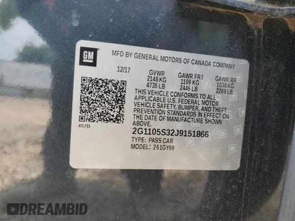 2018 Chevrolet Impala LT с VIN 2G1105S32J9151866, выставлен на аукционе Copart как лот 66542254 с пробегом 76 889 миль миль и Списание • Salvage title. История ставок и продаж доступна на DreamBid. Изображение 12.