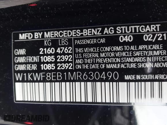 ✅ 2021 Mercedes-Benz C 300 • VIN: W1KWF8EB1MR630490 • Lot: 42827255. Wystawiony na IAAI z przebiegiem 72 597 mil. Bezpłatny archiwum sprzedaży aukcyjnych z USA i szczegółowy raport historii pojazdu na DreamBid. Zdjęcie 9.