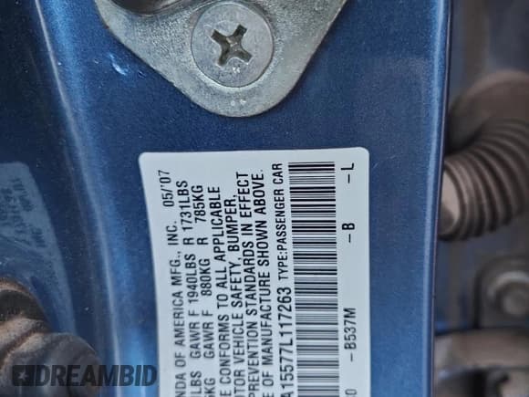 ✅ 2007 Honda Civic LX • VIN: 1HGFA15577L117263 • Лот: 81915955. Опубликован ранее на Copart с пробегом 382 670 миль. Бесплатный доступ к архиву аукционных продаж из США и подробный отчёт об истории автомобиля на DreamBid. Изображение 12.