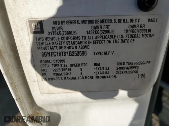 ✅ 2001 Chevrolet Suburban LS • VIN: 3GNEC16T91G253598 • Лот: 87802385. Опубликован ранее на Copart с пробегом Не указан. Бесплатный доступ к архиву аукционных продаж из США и подробный отчёт об истории автомобиля на DreamBid. Изображение 13.