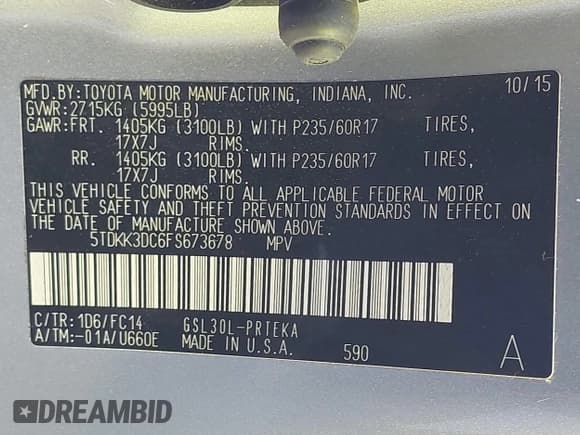 ✅ 2015 Toyota Sienna LE • VIN: 5TDKK3DC6FS673678 • Lot: 43473849. Listed on IAAI with 69,372 mi. Free auction sales archive from the USA and detailed vehicle history report at DreamBid. Image 9.