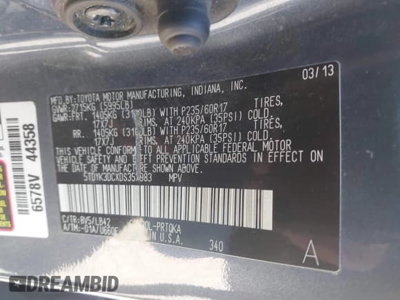 ✅ 2013 Toyota Sienna XLE • VIN: 5TDYK3DCXDS357983 • Лот: 43770825. Опубликован ранее на IAAI с пробегом 300 336 миль. Бесплатный доступ к архиву аукционных продаж из США и подробный отчёт об истории автомобиля на DreamBid. Изображение 9.