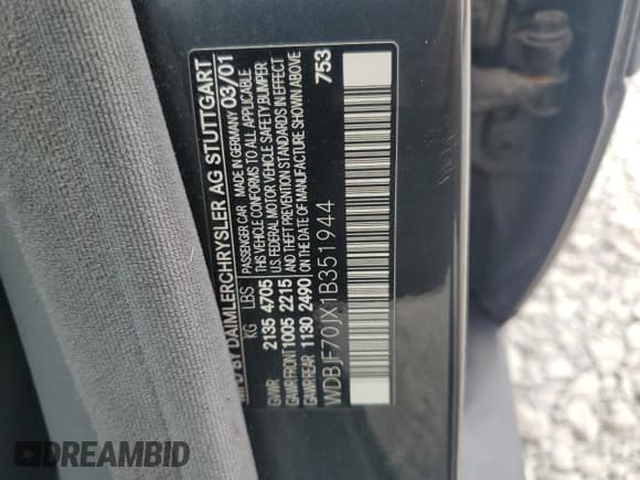 ✅ 2001 Mercedes-Benz E 320 • VIN: WDBJF70JX1B351944 • Lot: 63948705. Listed on Copart with 141,504 mi. Free auction sales archive from the USA and detailed vehicle history report at DreamBid. Image 12.