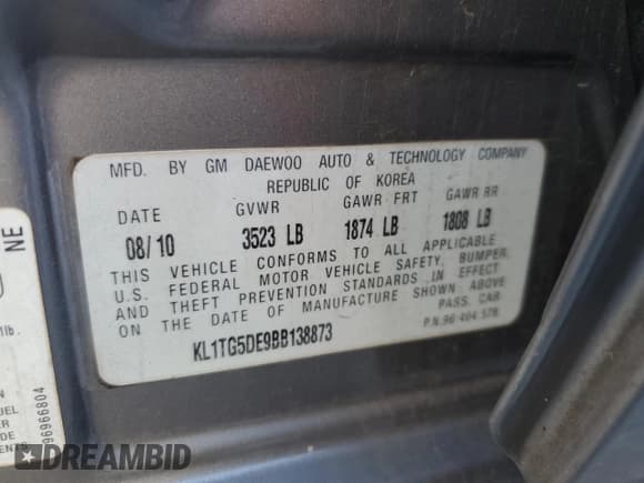 ✅ 2011 Chevrolet Aveo 2LT • VIN: KL1TG5DE9BB138873 • Lot: 86284205. Listed on Copart with 66,980 mi. Free auction sales archive from the USA and detailed vehicle history report at DreamBid. Image 12.