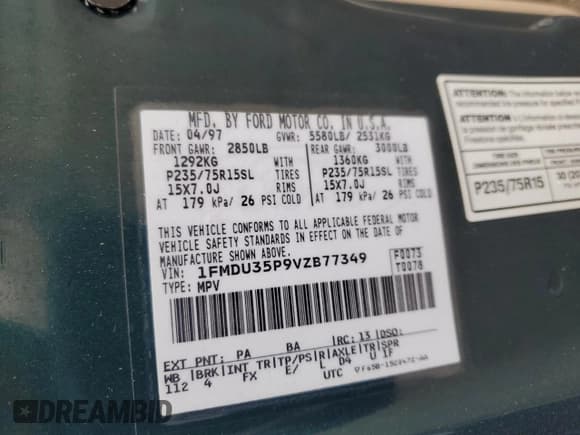 ✅ 1997 Ford Explorer XLT • VIN: 1FMDU35P9VZB77349 • Lot: 90788345. Listed on Copart with 65,900 mi. Free auction sales archive from the USA and detailed vehicle history report at DreamBid. Image 13.