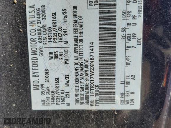 ✅ 1999 Ford F-150 • VIN: 1FTRX17W2XNB71414 • Lot: 86872795. Listed on Copart with Not provided. Free auction sales archive from the USA and detailed vehicle history report at DreamBid. Image 13.